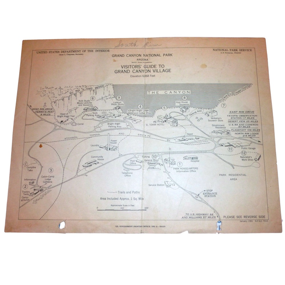 Vintage 1951 Grand Canyon National Park NPS Map Visitor Guide Village Ephemera